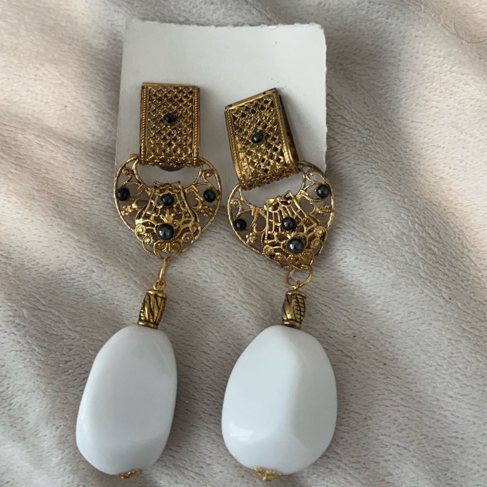 Elegant Gold and White Dangle Earrings